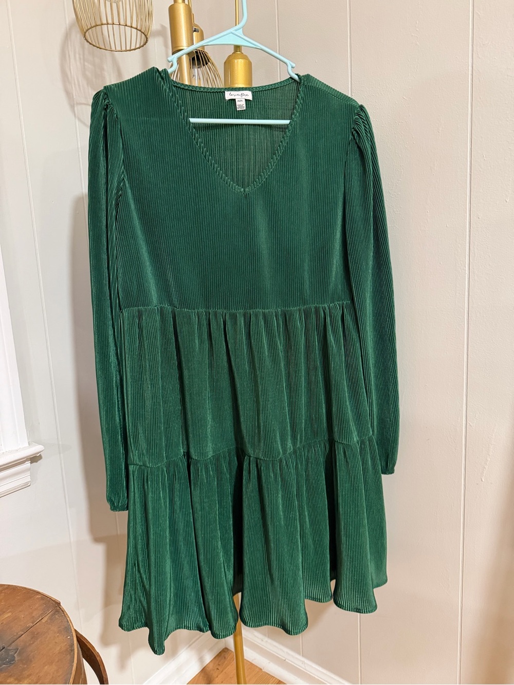 Emerald Green Pleated Tiered Babydoll Dress Size M